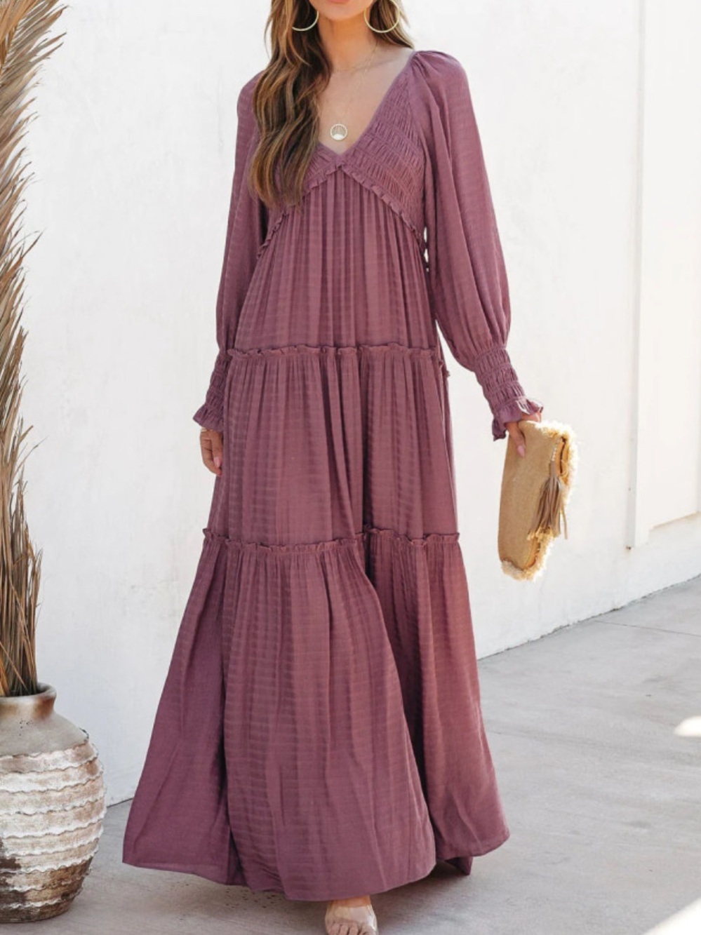 Revivimos Tiered Rufffled Boho Prairie V Neck Smocked Maxi Dress Dark Rose Sz M